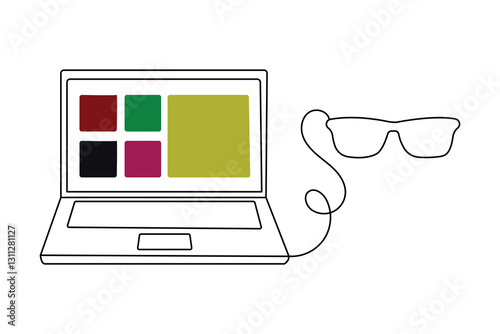 Continuous line drawing representing a modern laptop computer on  black and white background