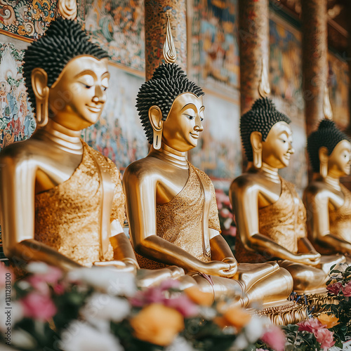 A serene display of golden Buddha statues adorned with intricate details, surrounded by vibrant flowers, embodying peace and tranquility.