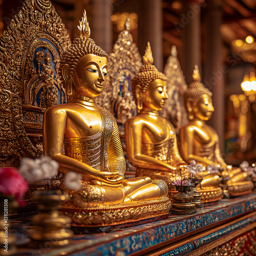Three golden Buddha statues sit serenely, adorned with intricate details, in a tranquil setting, symbolizing peace and spirituality.