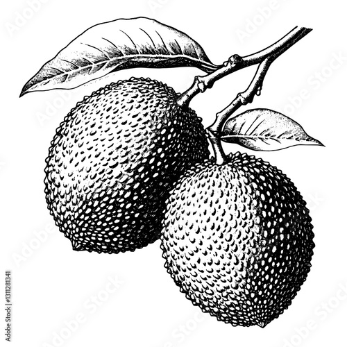 Engraved illustration of two textured fruits with leaves, perfect for tattoo inspirations and packaging designs