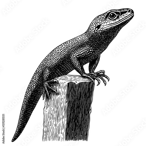 Engraved illustration of a lizard perched on a wooden post, perfect for tattoo and packaging design inspiration