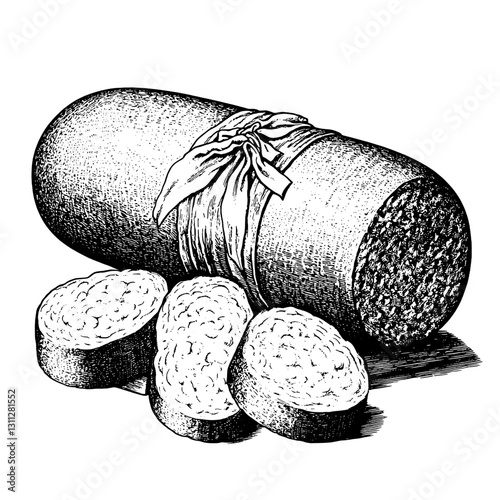 Artistic engraved illustration of cured meat and bread displayed in rustic packaging for culinary design inspiration