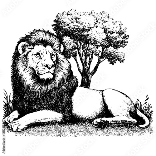 Majestic lion resting gracefully under a leafy tree in an enchanting landscape of nature's beauty and serenity