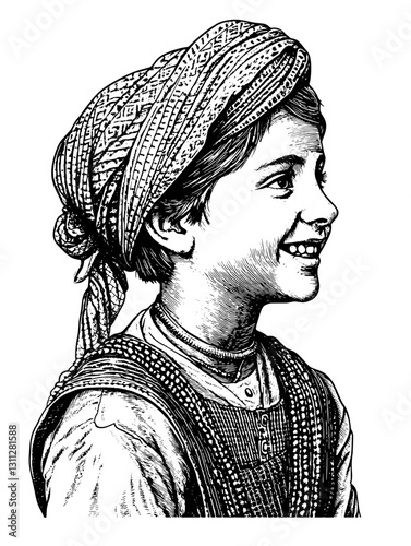 Delightful young smile captured in an intricately engraved illustration reflecting a cultural heritage