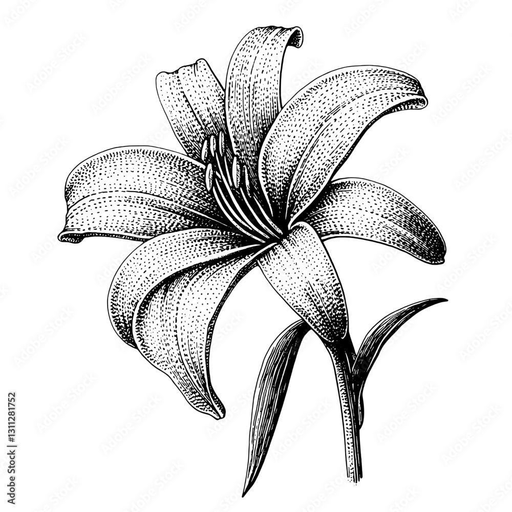 Intricate engraved illustration of a lily flower perfect for tattoo art and elegant packaging design