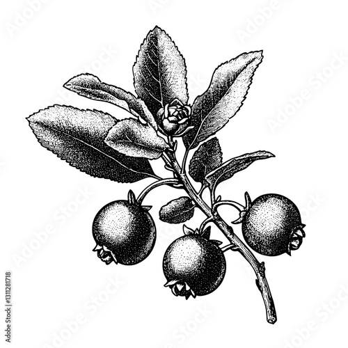 Intricate engraved illustration of a fruit-bearing branch with leaves, evoking a sense of vintage charm and nature's bounty
