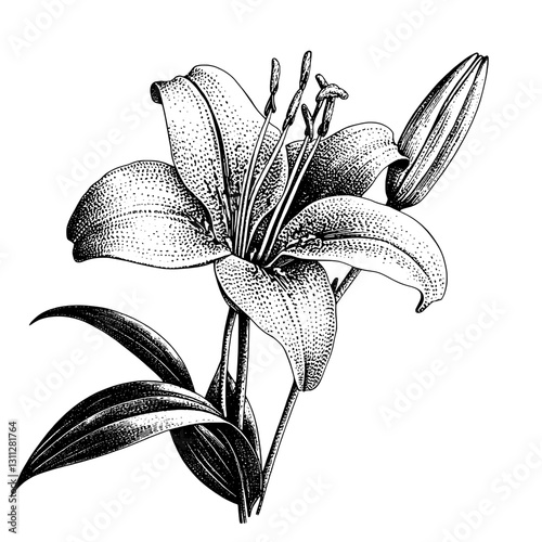 Elegant engraved lily illustration perfect for tattoo or packaging design, showcasing intricate details and natural beauty in black and white