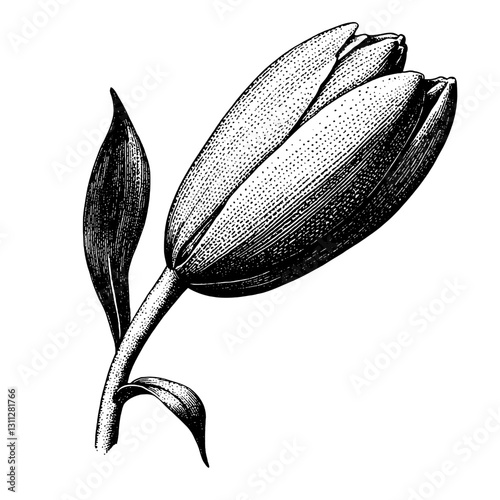 Engraved illustration of a detailed tulip flower design perfect for tattoos and packaging