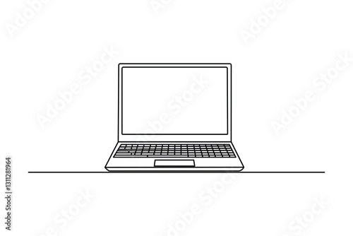 Continuous line drawing representing a modern laptop computer on  black and white background