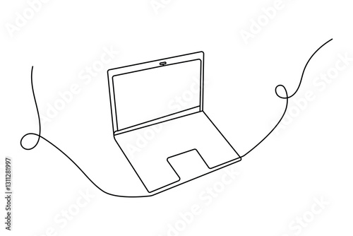 Continuous line drawing representing a modern laptop computer on  black and white background