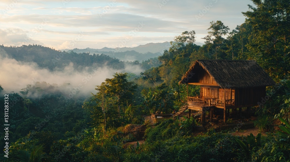 Sunrise over misty mountains and a wooden house. Sunrise over misty mountains and a wooden house.