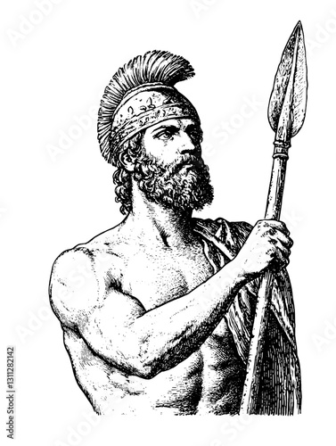 Warrior standing proudly with spear in hand, showcasing strength and courage in a timeless engraved illustration