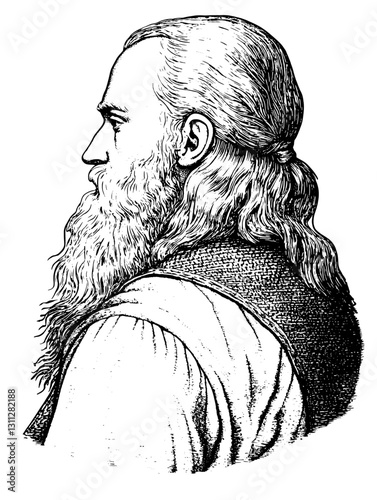 Engraved portrait of a wise man with long hair and beard captured in vintage style suitable for tattoo or packaging design