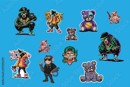 Urban Graffiti Art Stickers - Hip Hop Bear, Gangster Monkey, Graffiti Spray Can, Punk Teddy, Rebel Pig, Cool Streetwear Characters, Aesthetic Vinyl Decals for Laptops and Skateboards