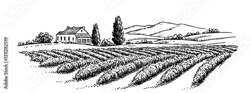 Majestic hills surround a serene farmhouse amidst rolling fields, showcasing nature's tranquility and agricultural beauty in an engraved illustration