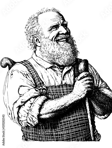 Joyful bearded man in overalls holding a walking stick with a warm smile, celebrating the spirit of craftsmanship and community