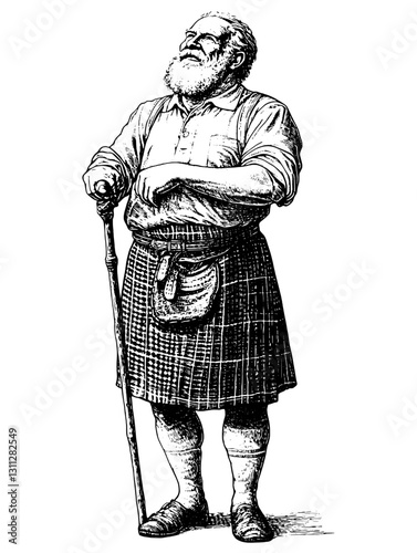 Engraved illustration of an elderly man in a kilt with a walking stick reflecting traditional Scottish heritage in a vintage style