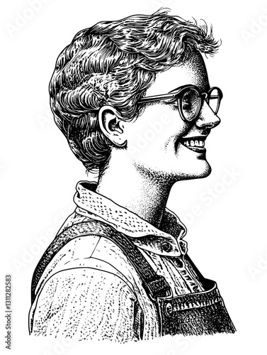 Engraved illustration of a smiling young woman in overalls showcasing expressive features in a tattoo and packaging design style