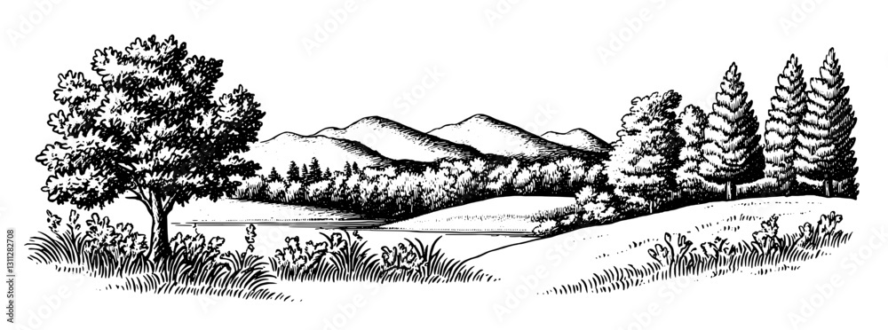 Fototapeta premium Natural landscape engraving showcasing mountains, trees, and tranquil waters, ideal for tattoo and packaging design inspiration