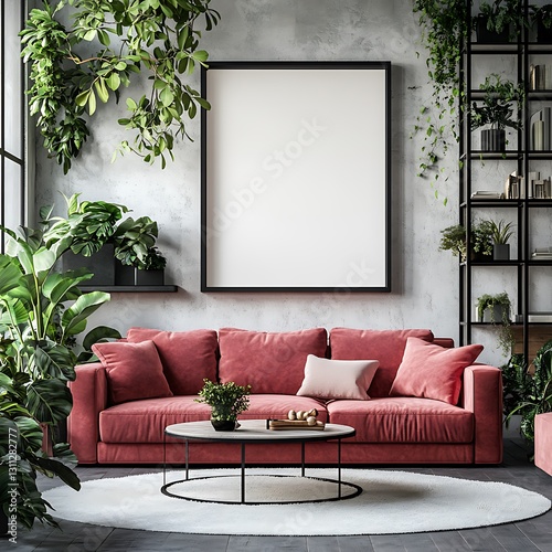 A photo of a large white wall with an empty frame, a modern living room with a sofa and coffee table, a shelf full of plants, a pink couch, black metal bookshelves,