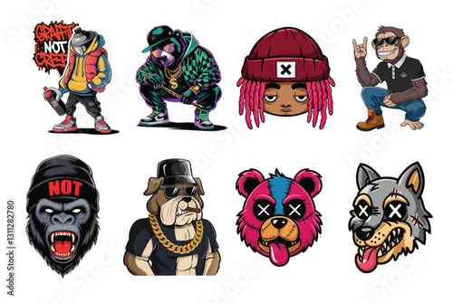 Urban Street Art Sticker Set – Graffiti-Inspired Cool Animal Characters with Hip-Hop and Punk Aesthetic for Trendy Designs