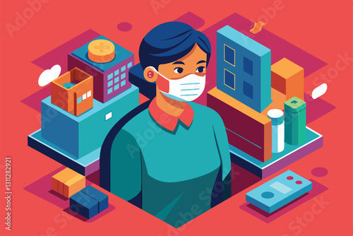 A person dons a customizable medical mask while standing amid vibrant isometric structures and containers, Person with medical mask Customizable Isometric Illustration