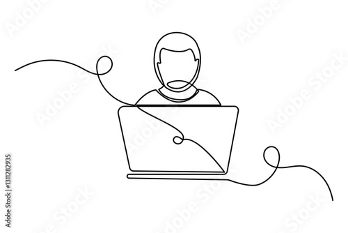 Continuous line drawing representing a modern laptop computer on  black and white background