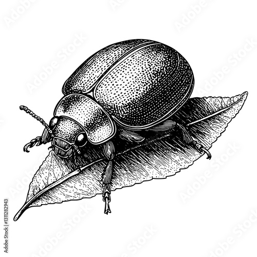 Intricate engraved illustration of a beetle resting on a leaf for unique tattoo and packaging design inspiration