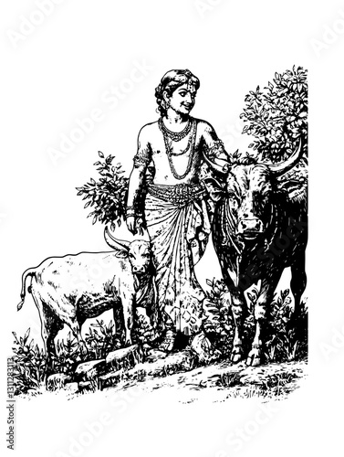 Engraved illustration depicting a pastoral scene with a farmer herding cattle under a tree in an ancient landscape
