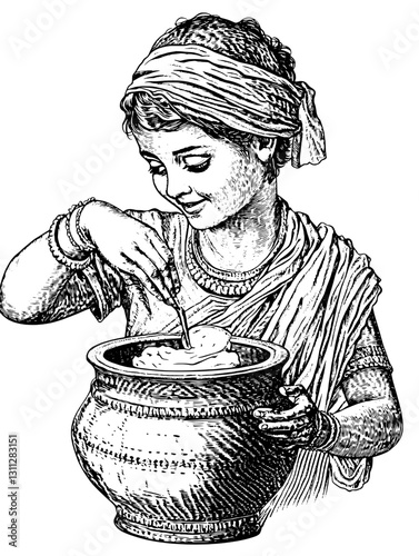 Joyful child stirring in an ancient pottery vessel, surrounded by artifacts of culture and art