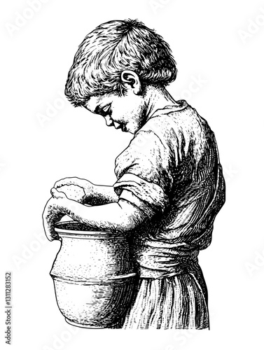 Engraved illustration of a young boy carefully tending to a clay pot while appearing lost in thought