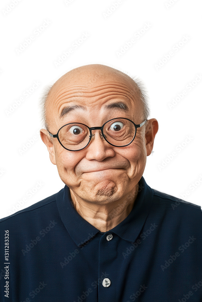 Smiling elderly man with glasses expressing surprise and joy against white background, showcasing emotions, portrait photography for lifestyle and wellness themes. Smiling elderly man with glasses expressing surprise and joy against white background, showcasing emotions, portrait photography for lifestyle and wellness themes.