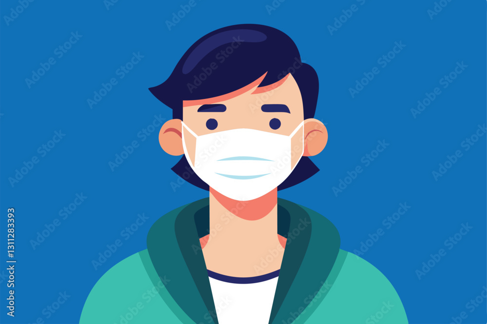 A young individual in a hoodie and medical mask poses against a solid blue background highlighting health awareness, Person with medical mask Customizable Semi Flat Illustration A young individual in a hoodie and medical mask poses against a solid blue background highlighting health awareness, Person with medical mask Customizable Semi Flat Illustration