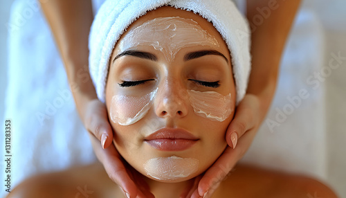 A serene woman enjoys a facial treatment, relaxing under a towel, with a gentle scrub applied to her skin.