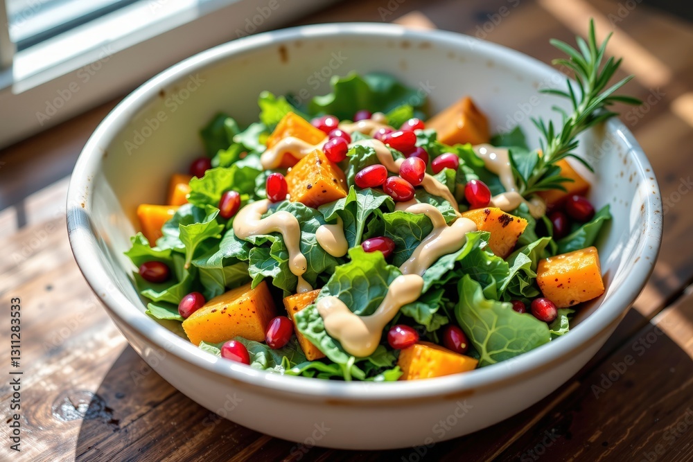 Bowl features kale salad with roasted squash and pomegranate seeds, drizzled with creamy dressing, wooden table with rosemary sprig, design for food blogs, healthy recipes, restaurant menus Bowl features kale salad with roasted squash and pomegranate seeds, drizzled with creamy dressing, wooden table with rosemary sprig, design for food blogs, healthy recipes, restaurant menus