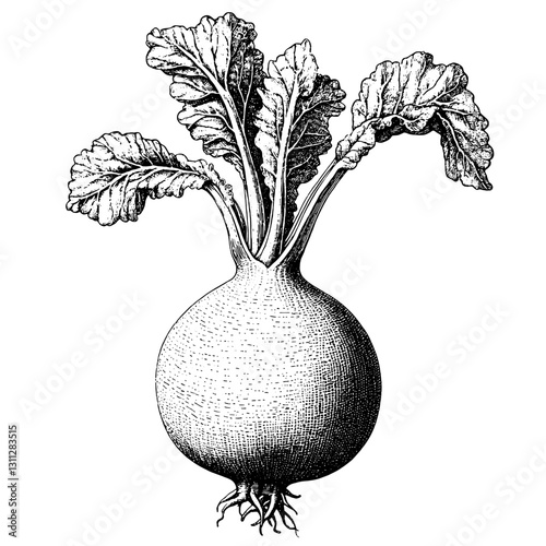 Intricate Engraved Illustration of a Radish with Lush Green Leaves for Tattoo and Packaging Design