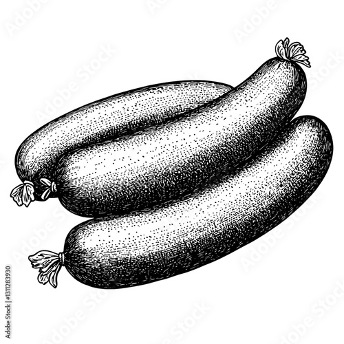 Engraved illustration of sausages showcases intricate detailing for unique tattoo and packaging design ideas