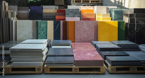A large collection of ceramic tiles in various colors and textures fills the workshop. The vibrant display highlights the artistry and craftsmanship involved in ceramic design