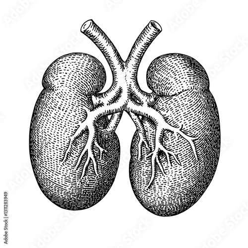 Engraved illustration of human lungs with detailed anatomical structures for creative design projects