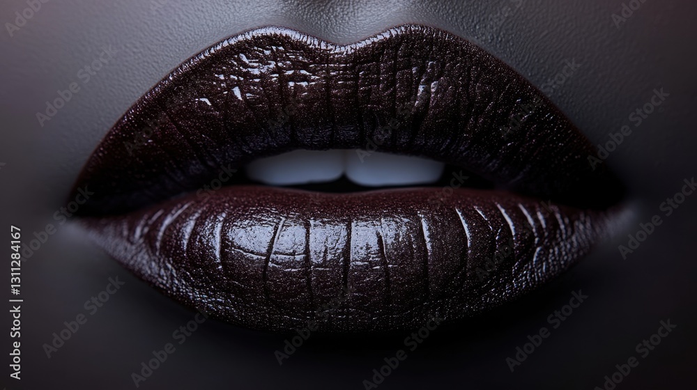 Deep plum lip color application on glossy lips studio setting beauty photography close-up makeup artistry Deep plum lip color application on glossy lips studio setting beauty photography close-up makeup artistry