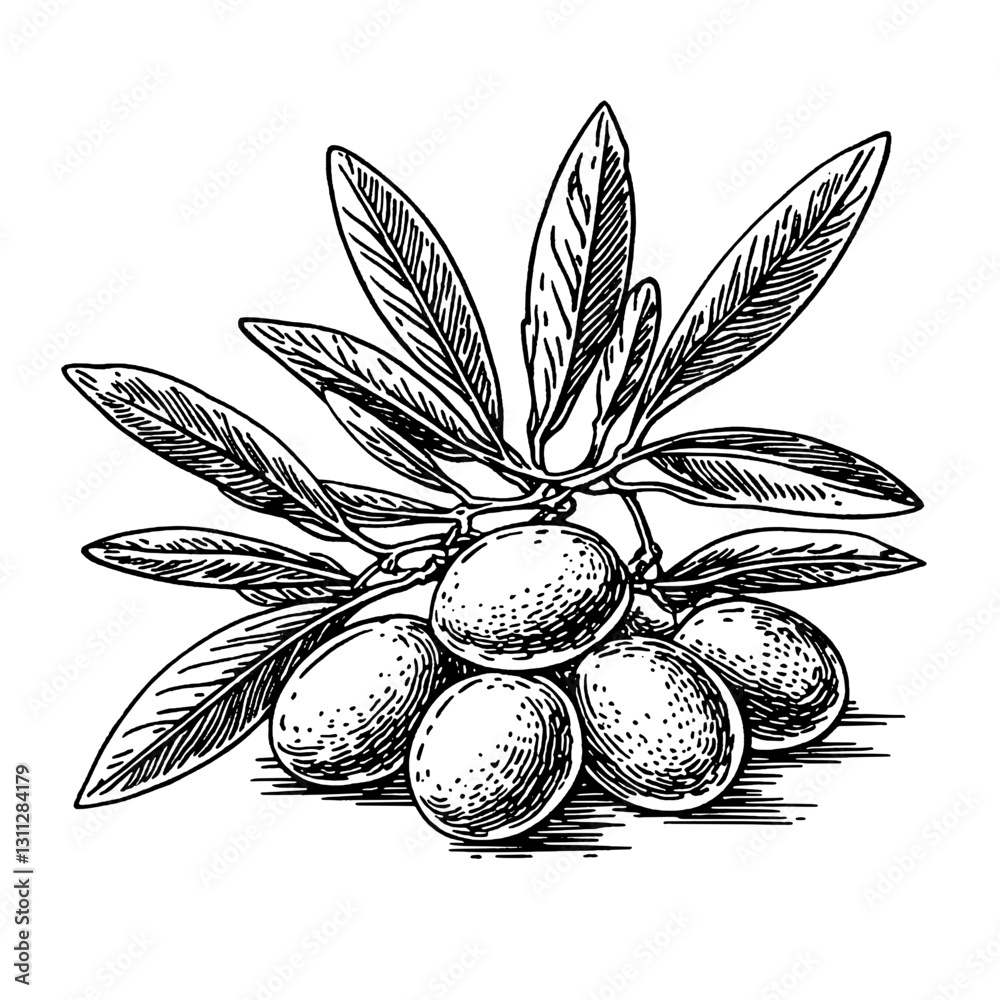 Fototapeta premium Engraved illustration of an olive branch with ripe olives for tattoo design and elegant packaging ideas