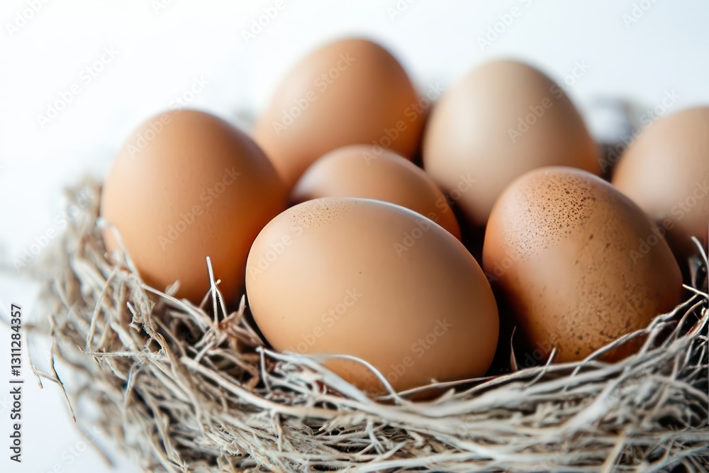 A photorealistic close-up of individual organic eggs, rich warm tones, arranged in a soft nest, isolated on a clean white backdrop A photorealistic close-up of individual organic eggs, rich warm tones, arranged in a soft nest, isolated on a clean white backdrop