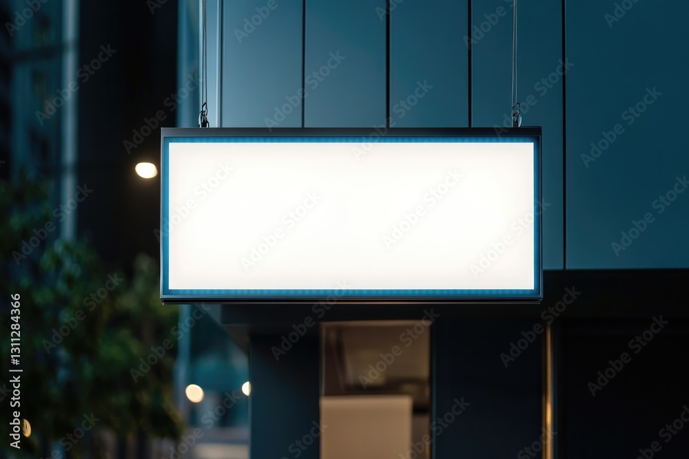 Illuminated blank sign suspended outside modern building at nigh Illuminated blank sign suspended outside modern building at nigh