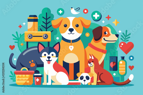 This colorful illustration showcases multiple cheerful dogs surrounded by pet care items and playful icons, Pet care Customizable Disproportionate Illustration