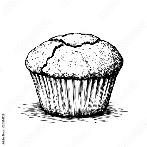 Elegant engraved illustration of a freshly baked muffin in a rustic style for tattoo or packaging design