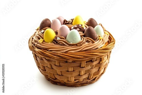 A photorealistic Easter cake shaped like a basket, rich golden brown texture, decorated with edible chocolate eggs, isolated on white photo