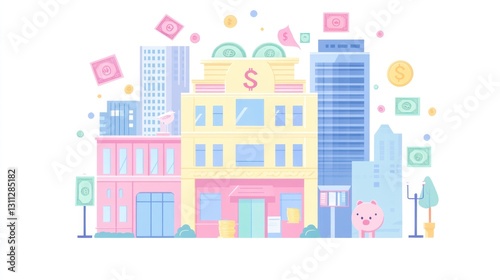 Pastel cityscape with money, financial buildings, piggy bank