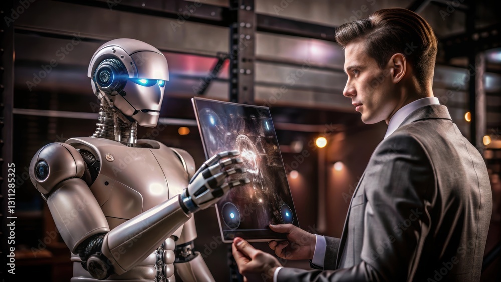 A humanoid robot interacts with a businessman, showcasing advanced technology and futuristic themes. A humanoid robot interacts with a businessman, showcasing advanced technology and futuristic themes.
