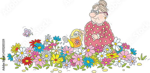 Happy granny watering colorful garden flowers on a pretty flowerbed on a sunny summer day, vector cartoon illustration isolated on a white background