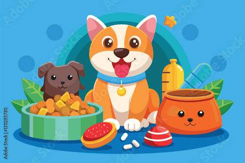 A cute cartoon dog sits happily among colorful pet food bowls and toys, inviting customization, Pet food Customizable Cartoon Illustration